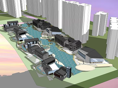 Modern Commercial Street With Water Features Open Spaces And Surrounding High Rise Buildings 3d model