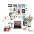 Desk Decorative Ornament Set With Lamp Laptop Dried Flowers Posters Headphones And Hourglass