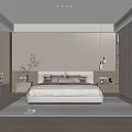 Minimalist Modern Bedroom Interior With Beige Bed Pillows Area Rug Wooden Floor And Wardrobe