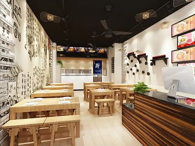 Modern Restaurant Interior With Open Kitchen Wooden Tables Menu Boards And Wall Art 3d model