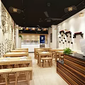 Modern Restaurant Interior With Open Kitchen Wooden Tables Menu Boards And Wall Art