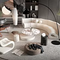 Modern Curved White Sofa And Round Coffee Table Set With Floor Lamp And Decorative Items