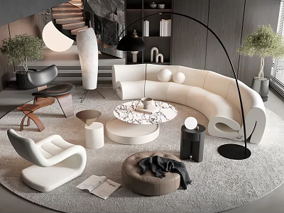 Modern Curved White Sofa And Round Coffee Table Set With Floor Lamp And Decorative Items 3d model