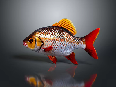 Shiny Scaled Red Fish Decorative Household Ornament With Orange Tail And Reflective Finish 3d model
