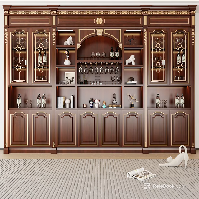 Elegant Dark Brown Wine Cabinet With Gold Accents Ornate Design And Decorative Items 3d model 
