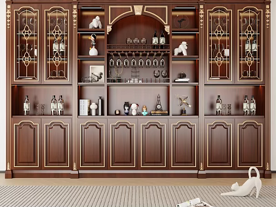 Elegant Dark Brown Wine Cabinet With Gold Accents Ornate Design And Decorative Items 3d model