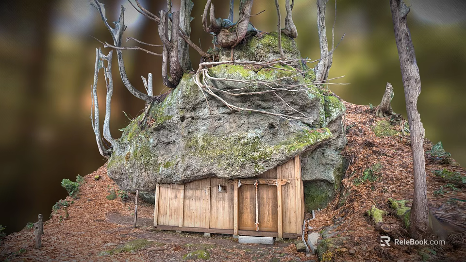 Rustic Rock Cabin With Wooden Doors And Mossy Exterior In Forest Setting 3d model 