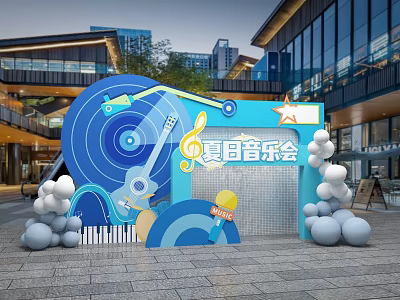 Blue Summer Concert Inflatable Backdrop With Guitar Music Notes Star And Balloons 3d model