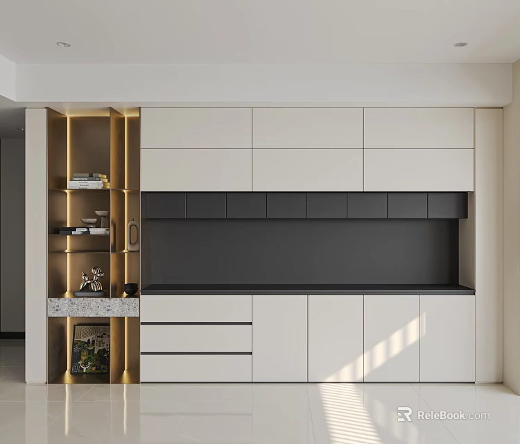 Modern White Black Sideboard with Marble Countertop LED Strip Lights Display Shelves in Bright Interior 3d model 
