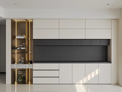 Modern White Black Sideboard with Marble Countertop LED Strip Lights Display Shelves in Bright Interior 3d model