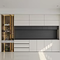 Modern White Black Sideboard with Marble Countertop LED Strip Lights Display Shelves in Bright Interior