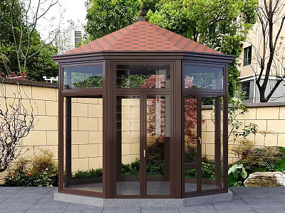 Modern Glass Sunroom With Brown Frame Red Tile Roof And Garden Plants 3d model
