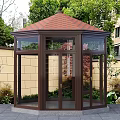 Modern Glass Sunroom With Brown Frame Red Tile Roof And Garden Plants