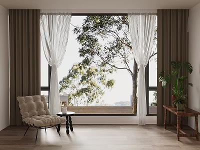Elegant Sheer And Brown Curtains For Window With Natural Light And Green Tree View 3d model