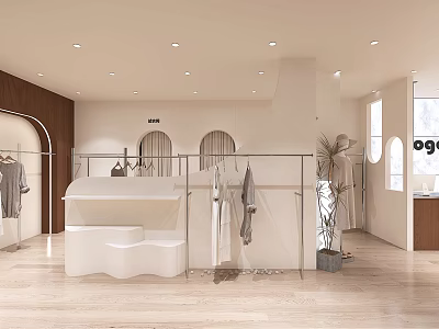 Modern Clothing Store Interior With Clothing Racks Display Shelves Plants And Wooden Accents 3d model