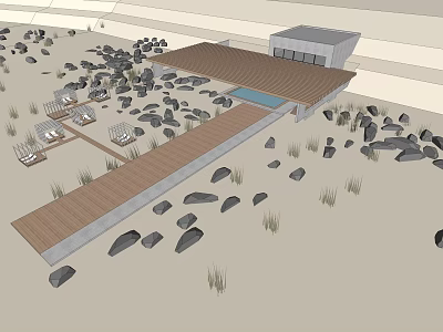 Road Facilities Featuring Wooden Walkway Surrounding Stones And Modern Building 3d model