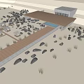 Road Facilities Featuring Wooden Walkway Surrounding Stones And Modern Building