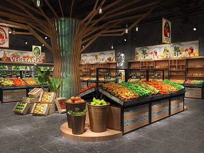 Supermarket Fresh Produce Display With Fruit Vegetable Shelves And Decorative Tree Structure 3d model