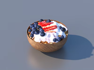 Fresh Granola Bowl in Wooden Bowl Topped with Blueberries Strawberry Slices and Yogurt 3d model