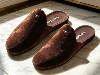 Brown Velvet Slippers With Comfortable Rubber Sole On Marble Floor For Home Use 3d model