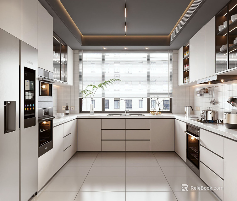 Modern Kitchen Interior Design With White Cabinets Stainless Steel Appliances And White Countertops 3d model 