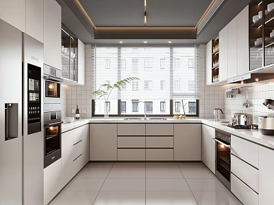 Modern Kitchen Interior Design With White Cabinets Stainless Steel Appliances And White Countertops 3d model