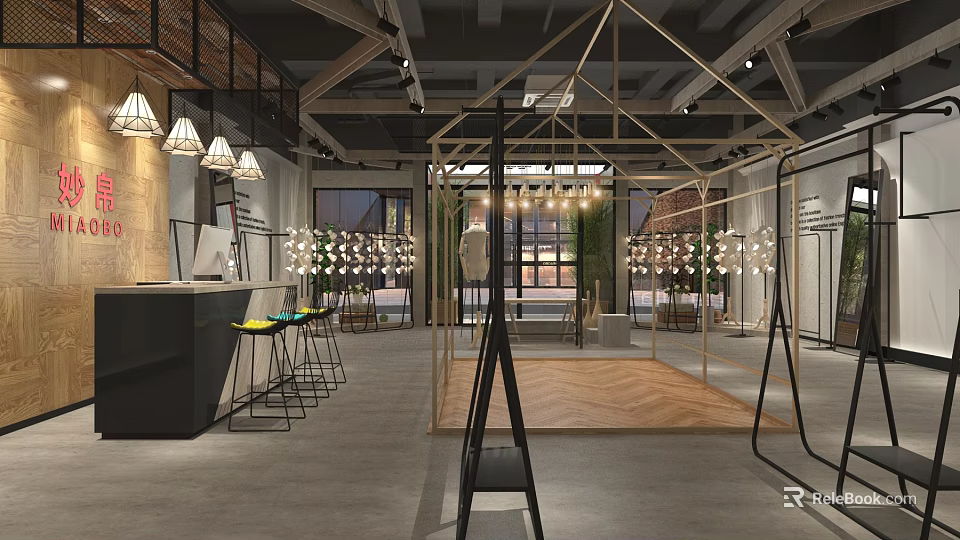 Modern Industrial Clothing Store Interior With Metal Racks Wooden Floor Hanging Lights And Plant Decor 3d model 