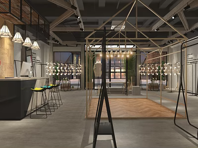 Modern Industrial Clothing Store Interior With Metal Racks Wooden Floor Hanging Lights And Plant Decor 3d model