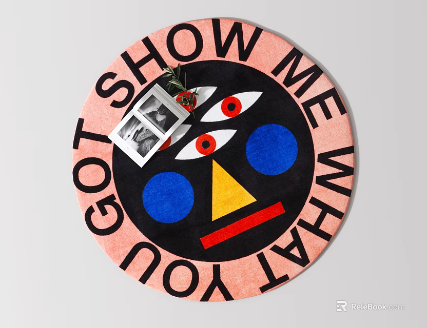 Round Rug with Pink Border Black Center Red Eyes Pattern Text and Small Photo Decoration 3d model 