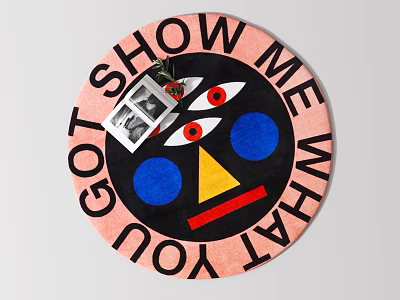 Round Rug with Pink Border Black Center Red Eyes Pattern Text and Small Photo Decoration 3d model