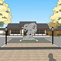 Traditional Ancient Chinese Architecture Courtyard With Central Stone Sculpture And Surrounding Trees