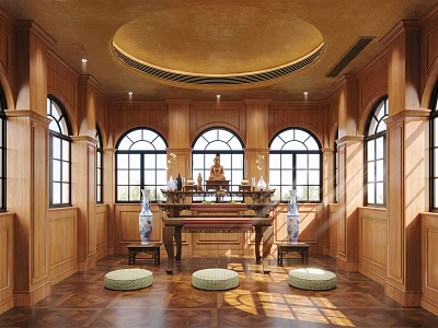 Traditional Buddhist Shrine Interior With Wooden Walls Arched Windows Buddha Statue And Prayer Cushions 3d model