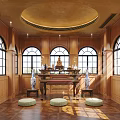 Traditional Buddhist Shrine Interior With Wooden Walls Arched Windows Buddha Statue And Prayer Cushions