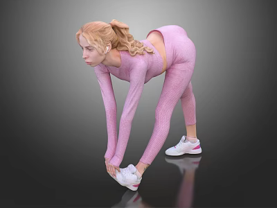 Woman in pink sportswear bending forward to stretch with ponytail and white sneakers 3d model