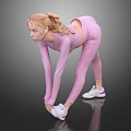 Woman in pink sportswear bending forward to stretch with ponytail and white sneakers