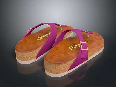 Women's Purple Thong Sandals with Brown Cork Wedge Sole and Gold Buckle 3d model
