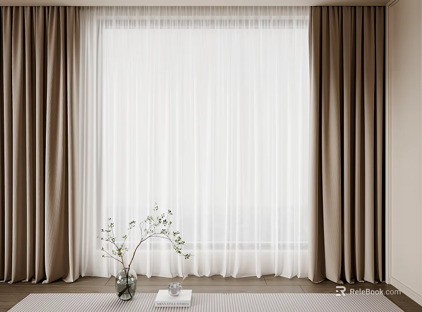 Modern Brown And White Double Layer Curtains With Sheer Panel By Window 3d model 