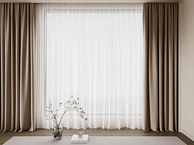 Modern Brown And White Double Layer Curtains With Sheer Panel By Window 3d model