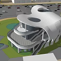 Modern Architectural Exterior Of Multi Level Building With Glass Facade Lawn And Circular Pond