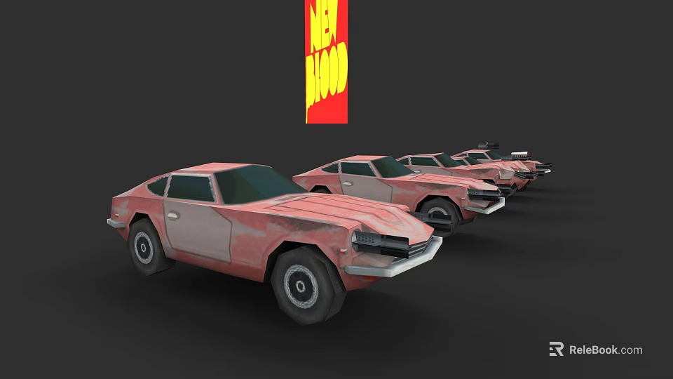 Old Pink Cars Parked In Row With Red Sign Displaying GET 1000 3d model 