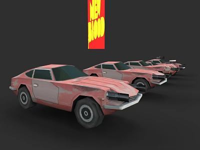 Old Pink Cars Parked In Row With Red Sign Displaying GET 1000 3d model