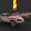 Old Pink Cars Parked In Row With Red Sign Displaying GET 1000