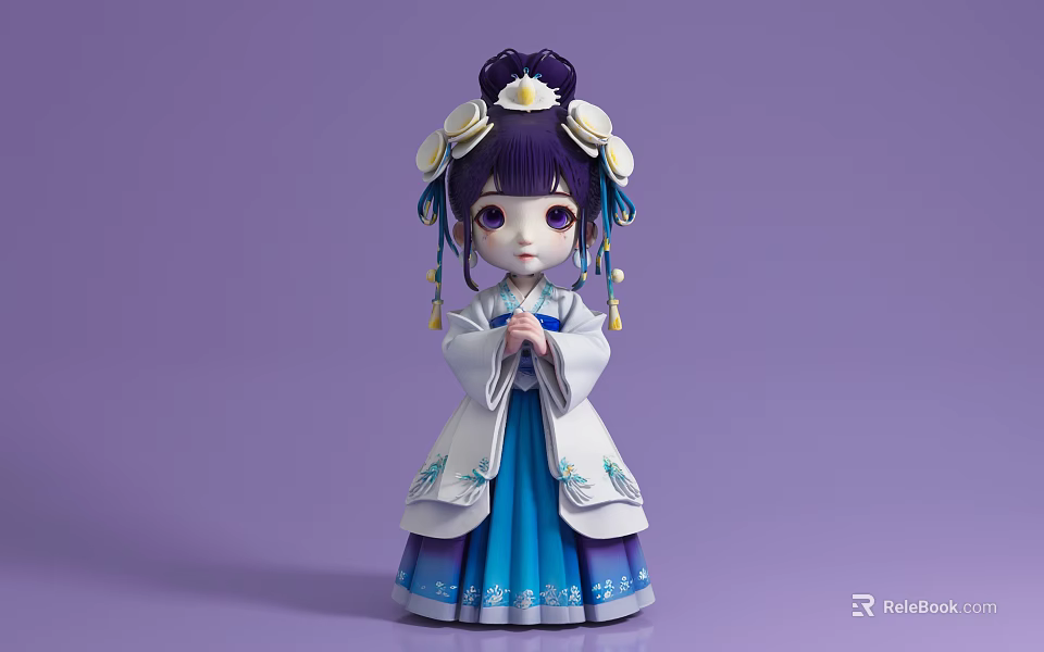 Traditional Chinese Woman Doll in Blue White Outfit with Floral Hairstyle Accessories on Purple Background 3d model 