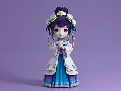 Traditional Chinese Woman Doll in Blue White Outfit with Floral Hairstyle Accessories on Purple Background 3d model