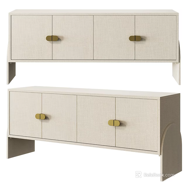 Modern Beige TV Stand With Fabric Panels Gold Handles And Storage Cabinets 3d model 