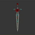 Ornate Decorative Sword With Red Rose Accent And Blue Gemstone Details On Silver Hilt