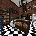 Dessert Shop With Red Brick Wall Black And White Checkered Floor Display Case And Bread