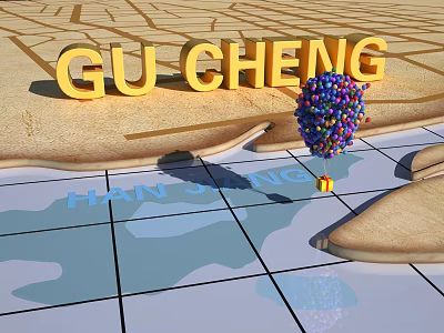 Gu Cheng Han Dynasty Scene With Golden 3D Letters And Blue Water Area 3d model