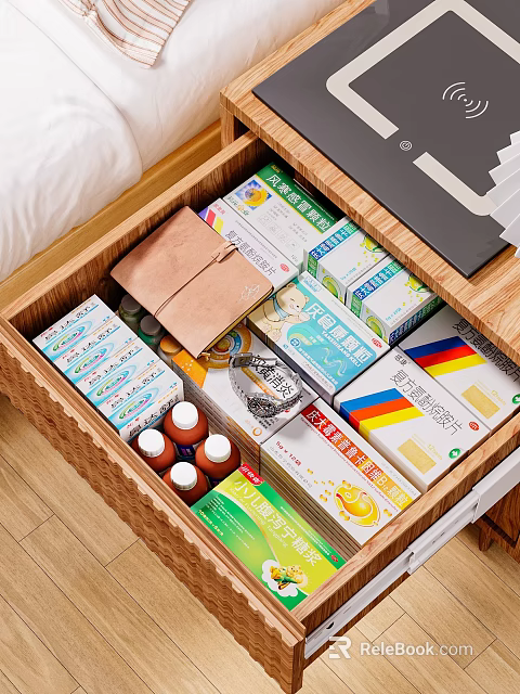 Storage Cabinet Drawer With Neatly Arranged Medical Supplies And Medicine Boxes 3d model 