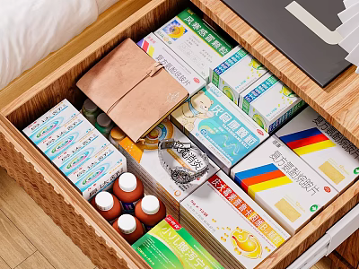 Storage Cabinet Drawer With Neatly Arranged Medical Supplies And Medicine Boxes 3d model